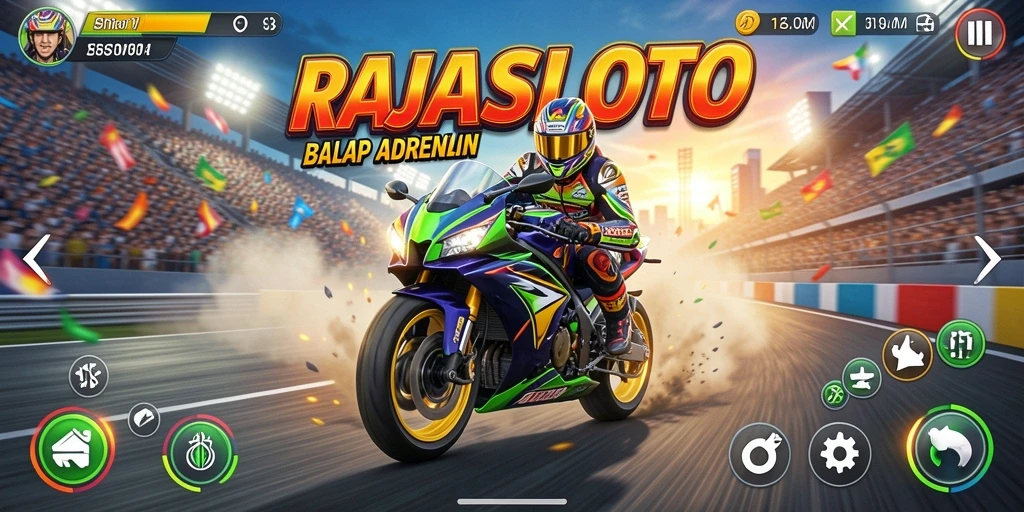 Screenshot RAJASLOTO menampilkan aksi balap motor yang mendebarkan.