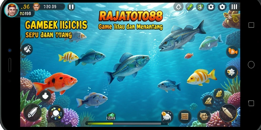 Tampilan gameplay RAJATOTO88 dengan ikan berwarna-warni di laut.