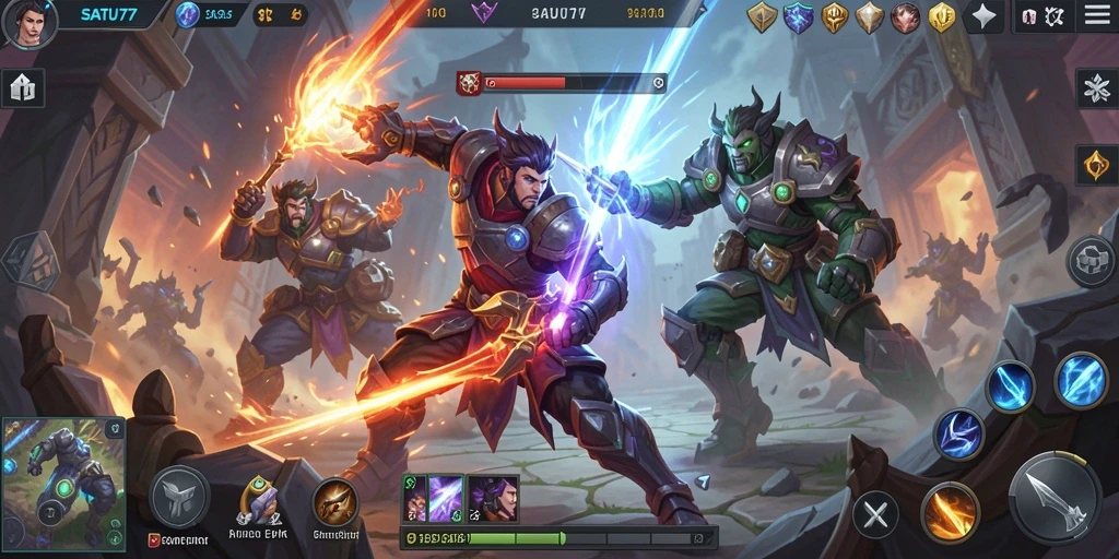 Tampilan seru dari gameplay MOBA di SATU77 yang penuh aksion.